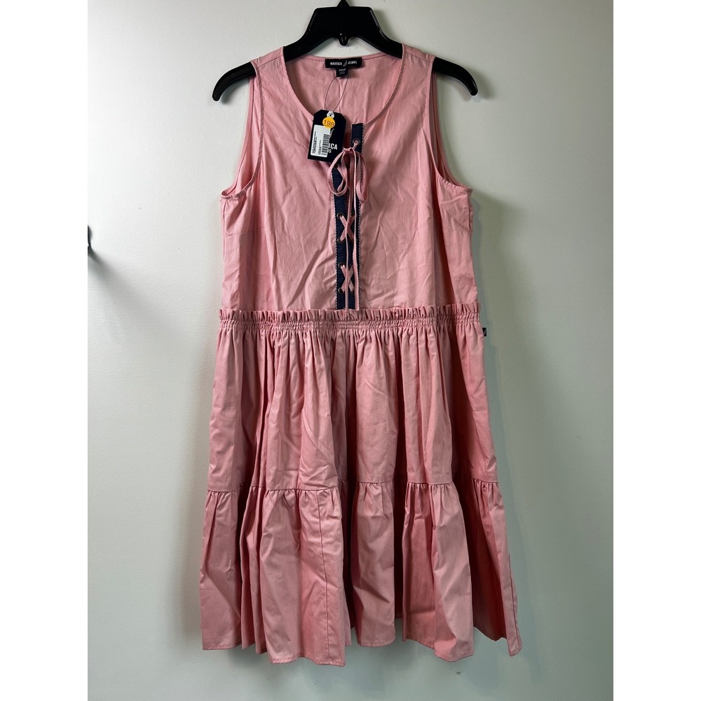 Nautica Jeans Pink Tiered Lace Up Dress Sleeveless‎ Casual Ruffle Sz S NWT